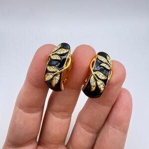 NWOT Vintage JOAN RIVERS Gold-Tone Black Enamel Crystal J-Hoop Clip Earrings